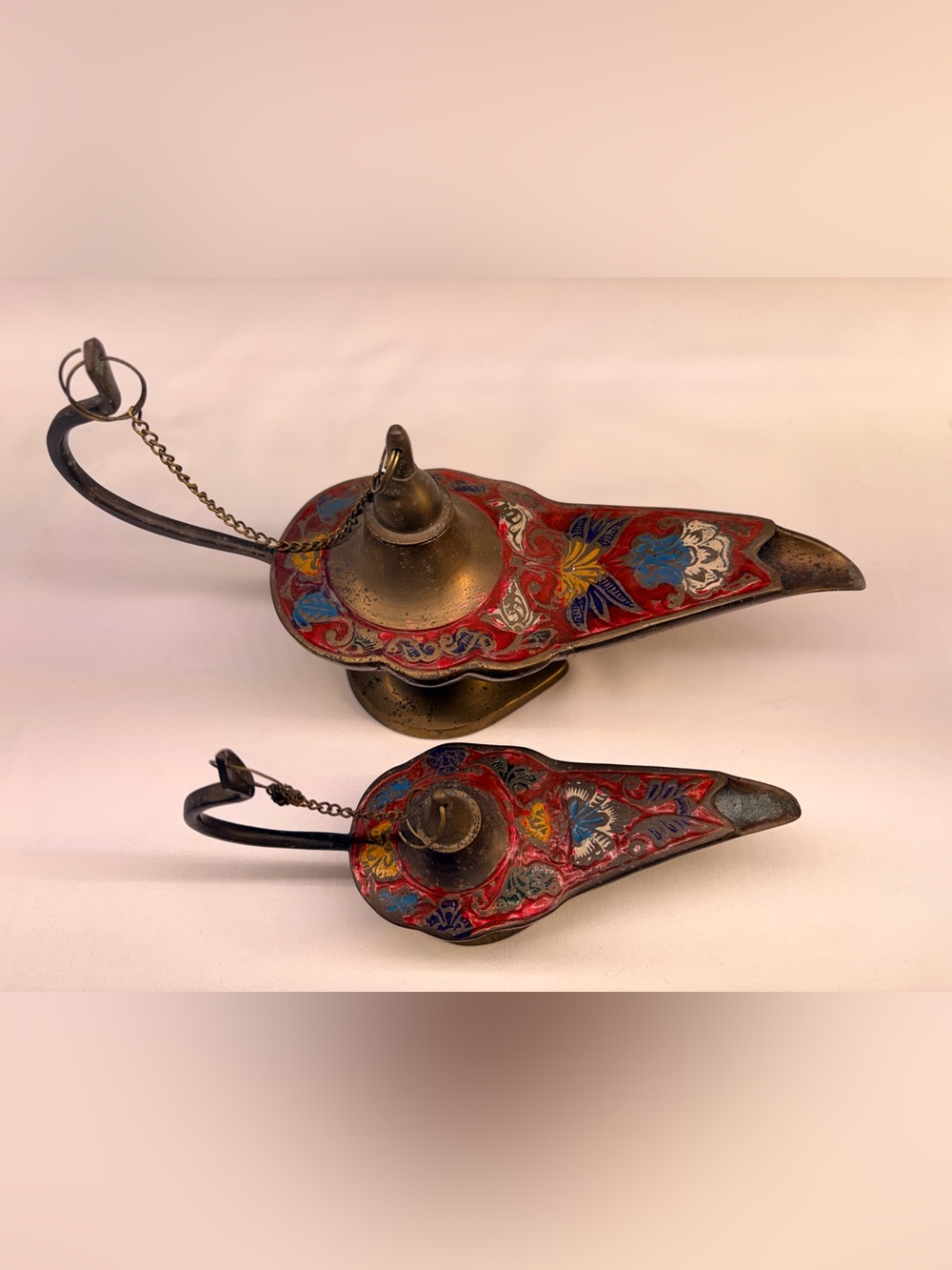 Vintage Brass Aladdin Genie Oil Lamp Set 2 Enameled Floral Champleve India